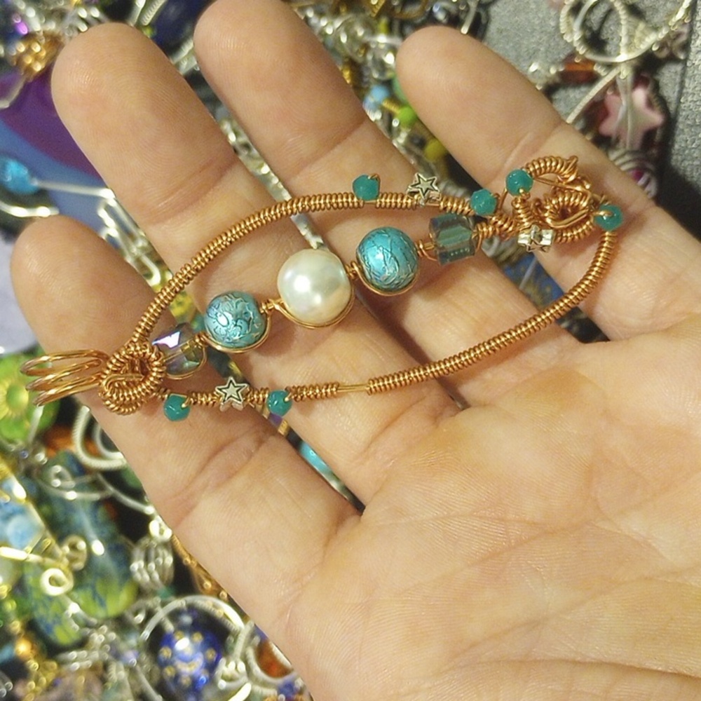 Handmade copper wire pendant, faux pearl, glass and alloy embellished ✨